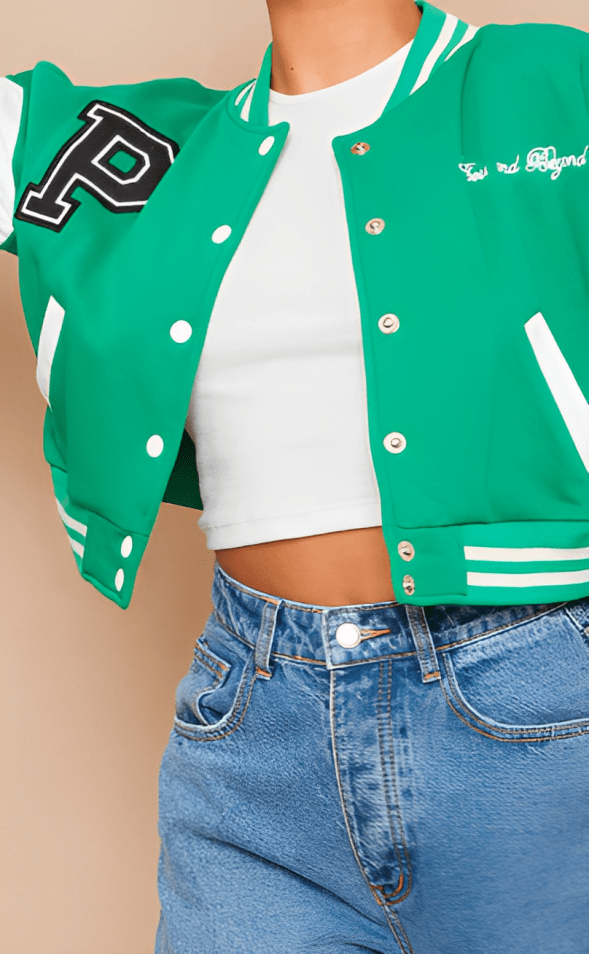 Women's Green Cropped Varsity Bomber Leather Jacket