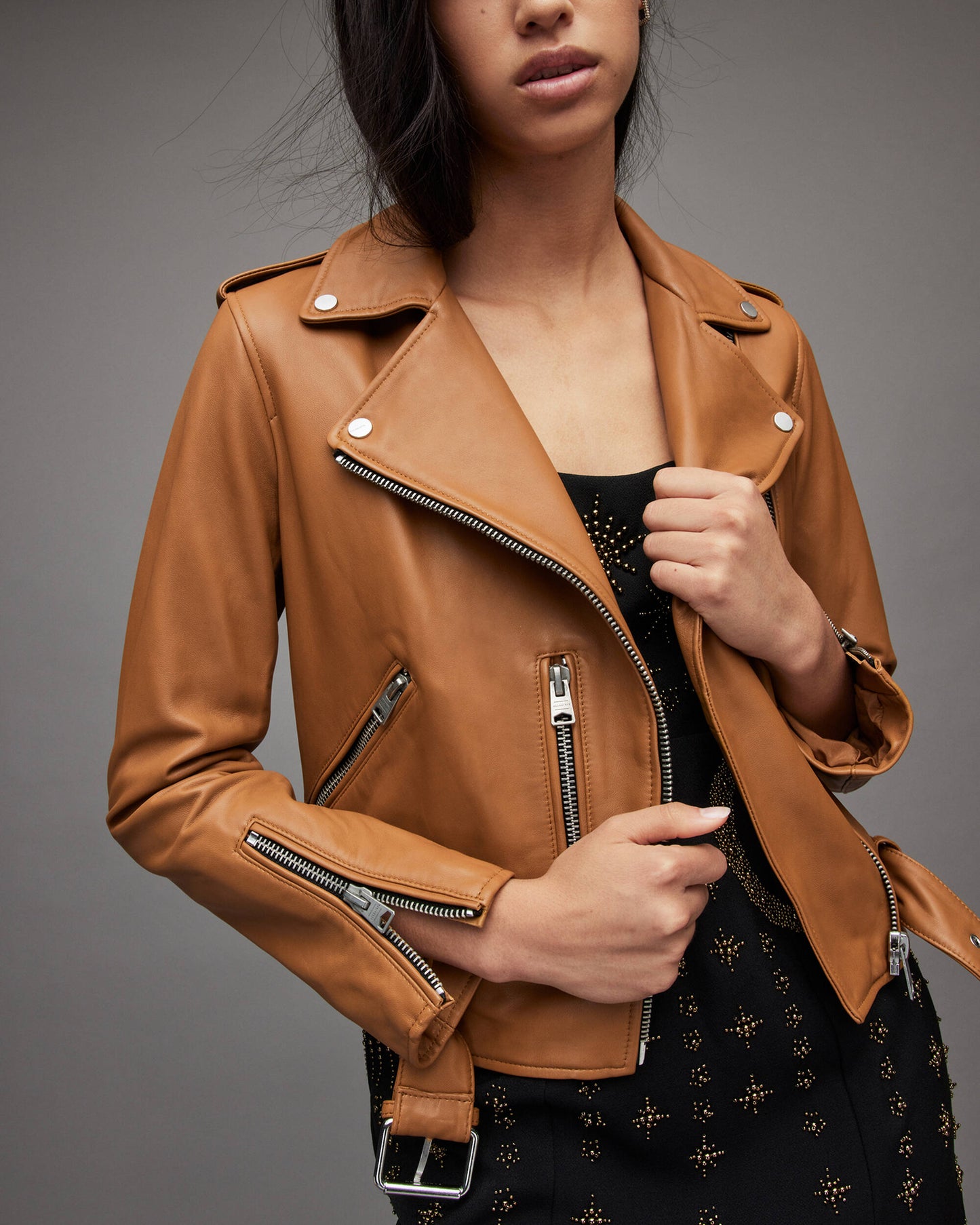 Women's Tan Brown Leather Biker Jacket