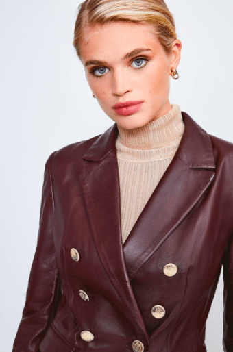 Women's Leather Blazer In Mahogany Red With Golden Buttons