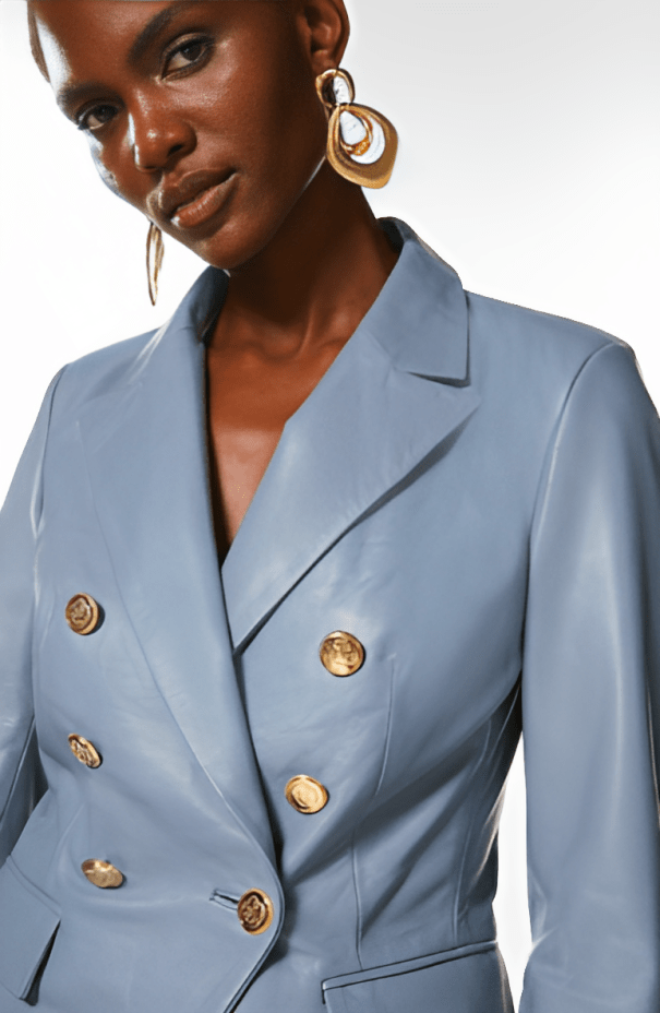 Women's Stone Blue Leather Blazer with Golden Buttons