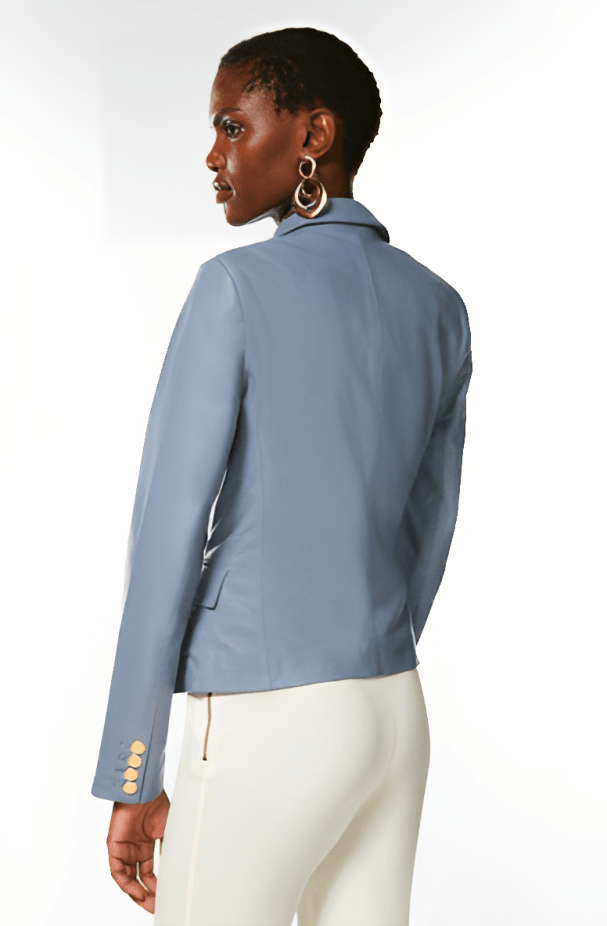 Women's Stone Blue Leather Blazer with Golden Buttons