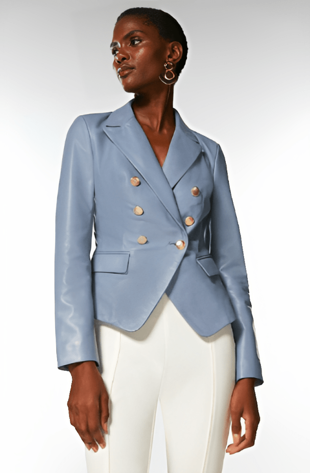 Women's Stone Blue Leather Blazer with Golden Buttons