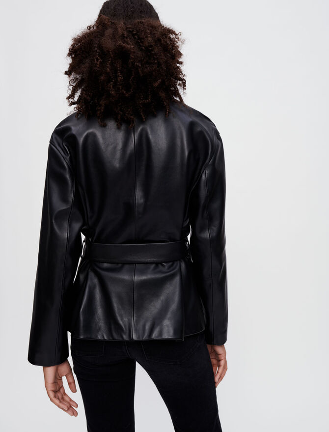 Women's Black Leather Jacket with Belted Waist