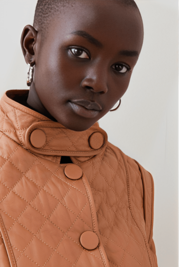 Women's Quilted Leather Jacket in Camel Brown