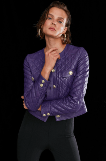 Women's Quilted Leather Trucker Jacket in Violet