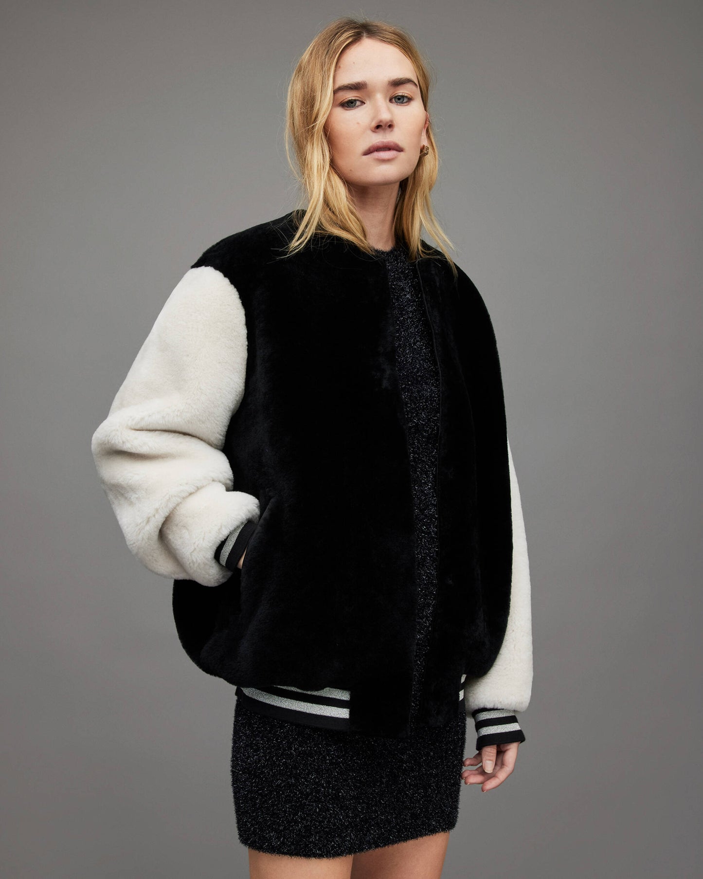Women's White & Black Shearling Bomber Jacket - Stylish and Warm