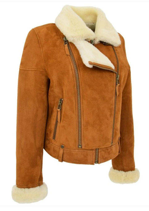 Women's Brown Sheepskin Leather Biker Jacket