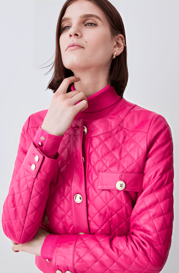 Women's Quilted Leather Trucker Jacket in Pink
