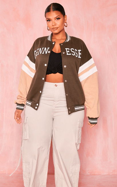Women's Brown Varsity Bomber Leather Jacket with Pink Sleeves - Stylish and Unique