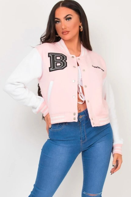 Women's Pink Varsity Bomber Leather Jacket