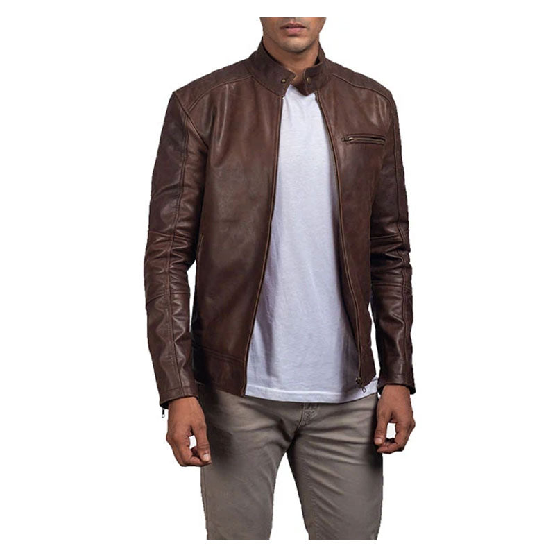 Men's Brown Leather Biker Jacket - Classic Vintage Design