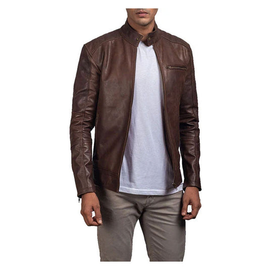 Men's Brown Leather Biker Jacket - Classic Vintage Design