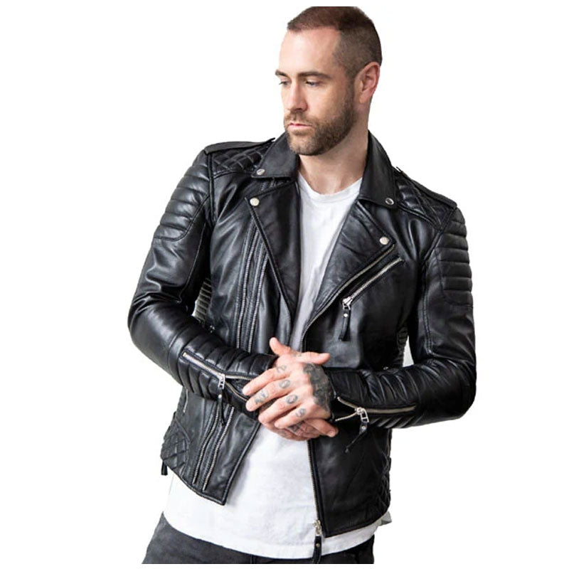 Mens Quilted Black Leather Motorcycle Jacket