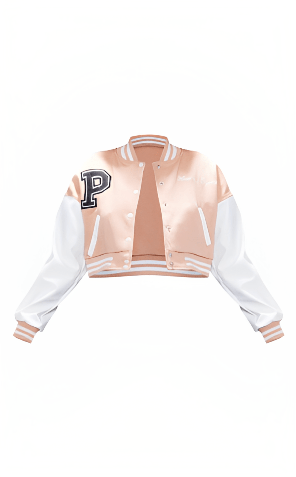 Women's Light Pink Cropped Varsity Bomber Leather Jacket - Chic and Contemporary