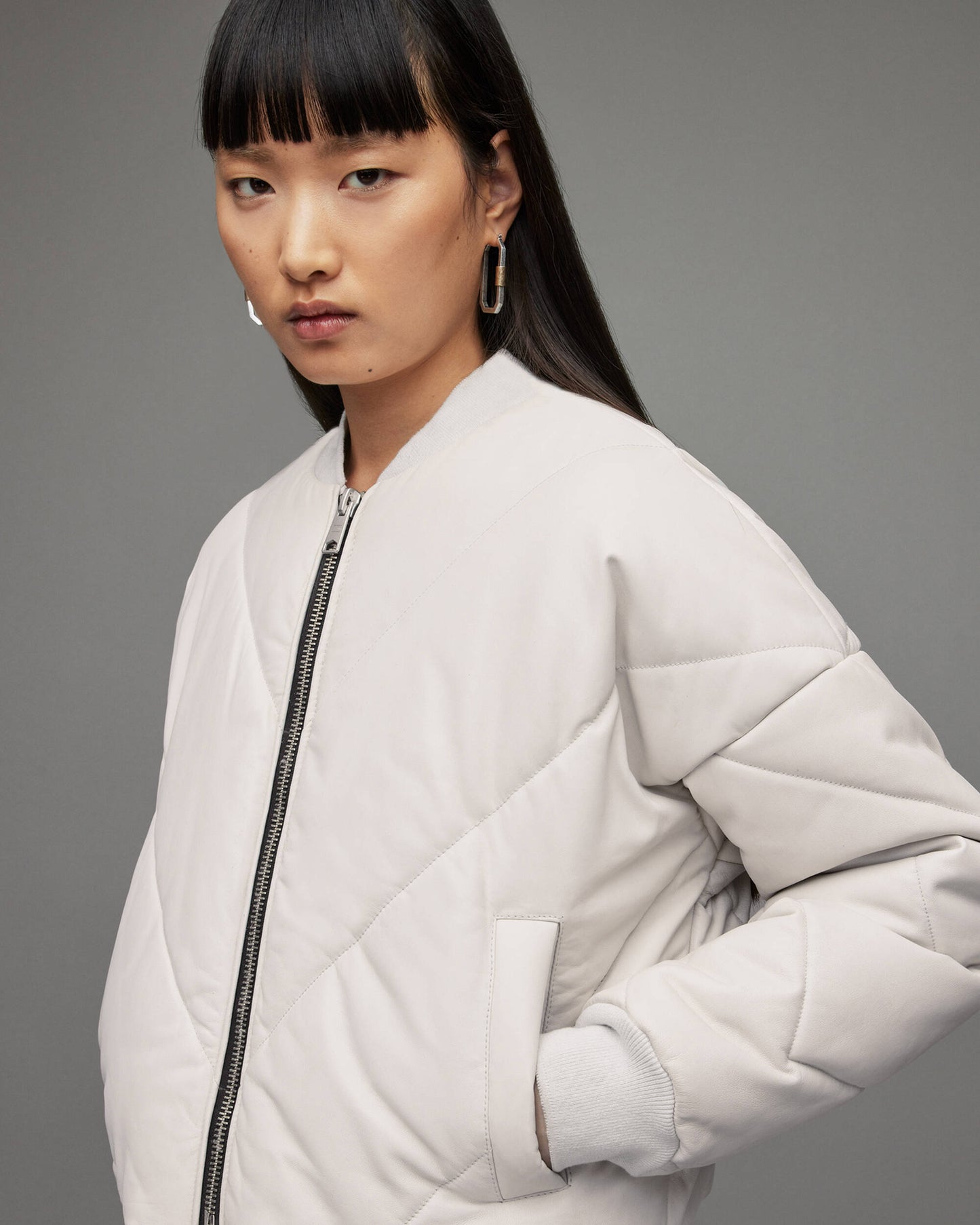 Women's White Puffer Leather Jacket - Elegant and Cozy