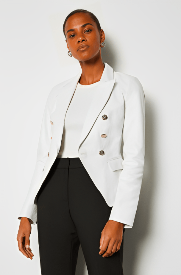 Women's White Leather Blazer with Silver Buttons