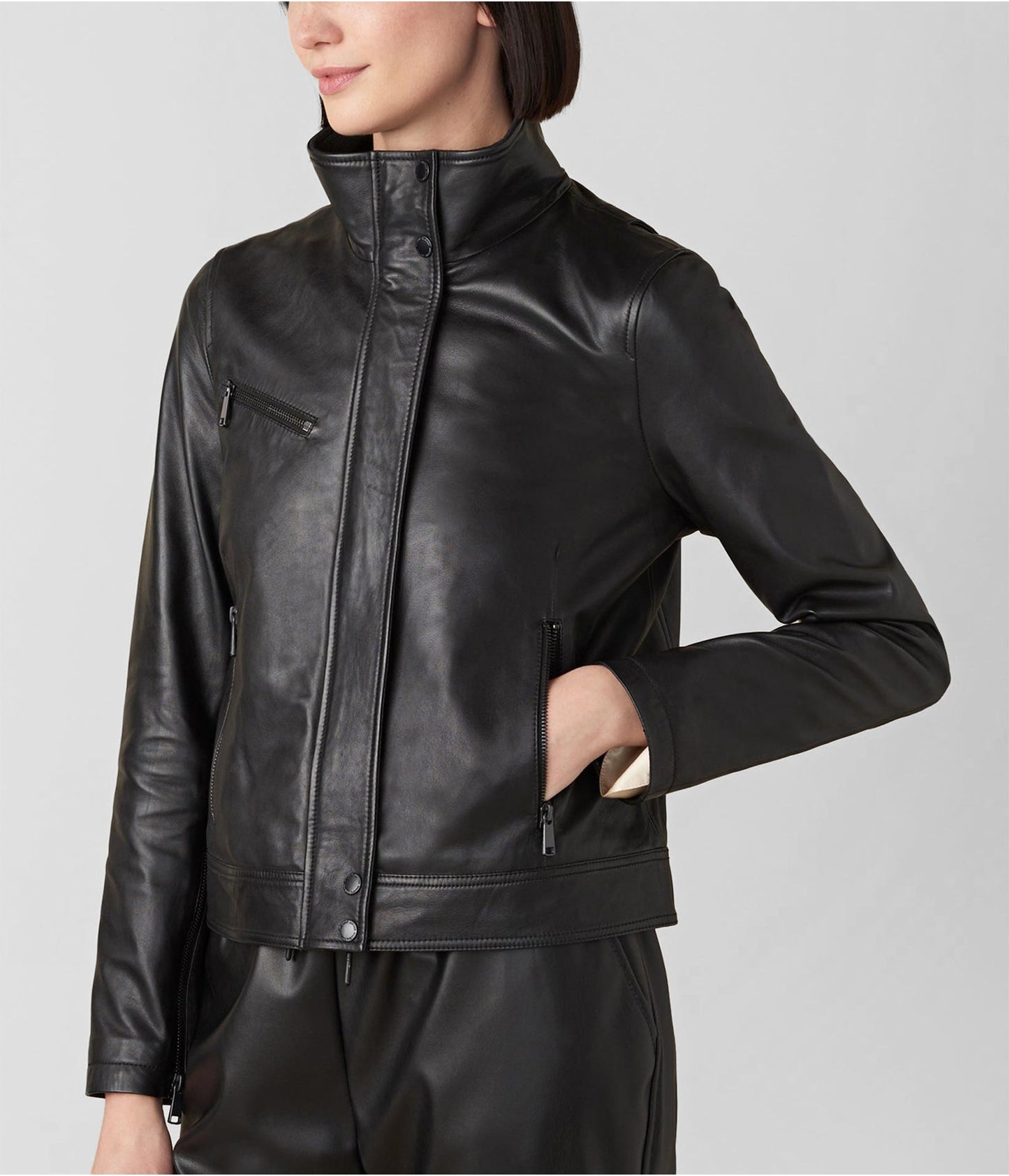 Women's Black Leather Jacket with Turtle Neck
