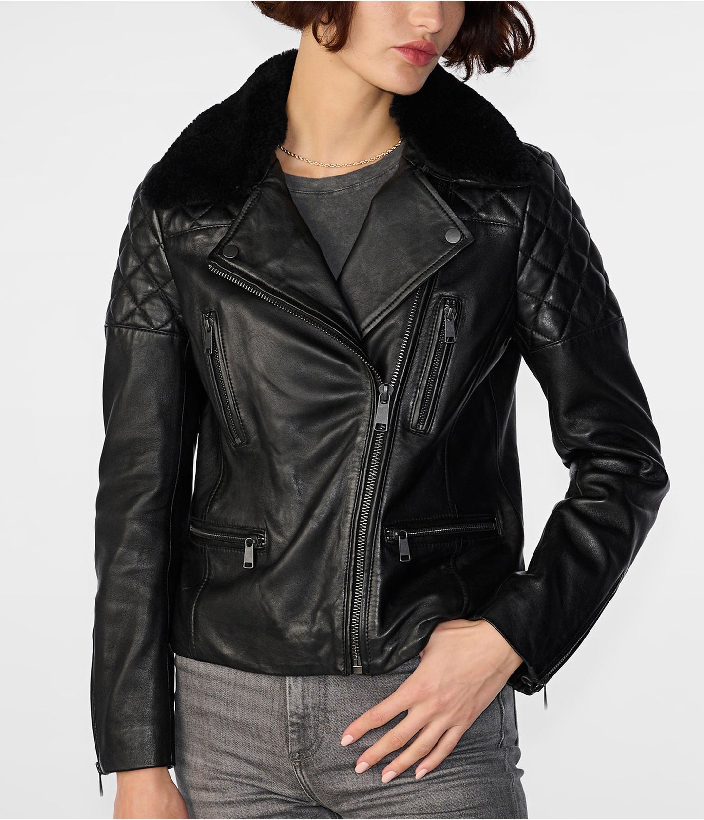 Women's Black Shearling Leather Biker Jacket