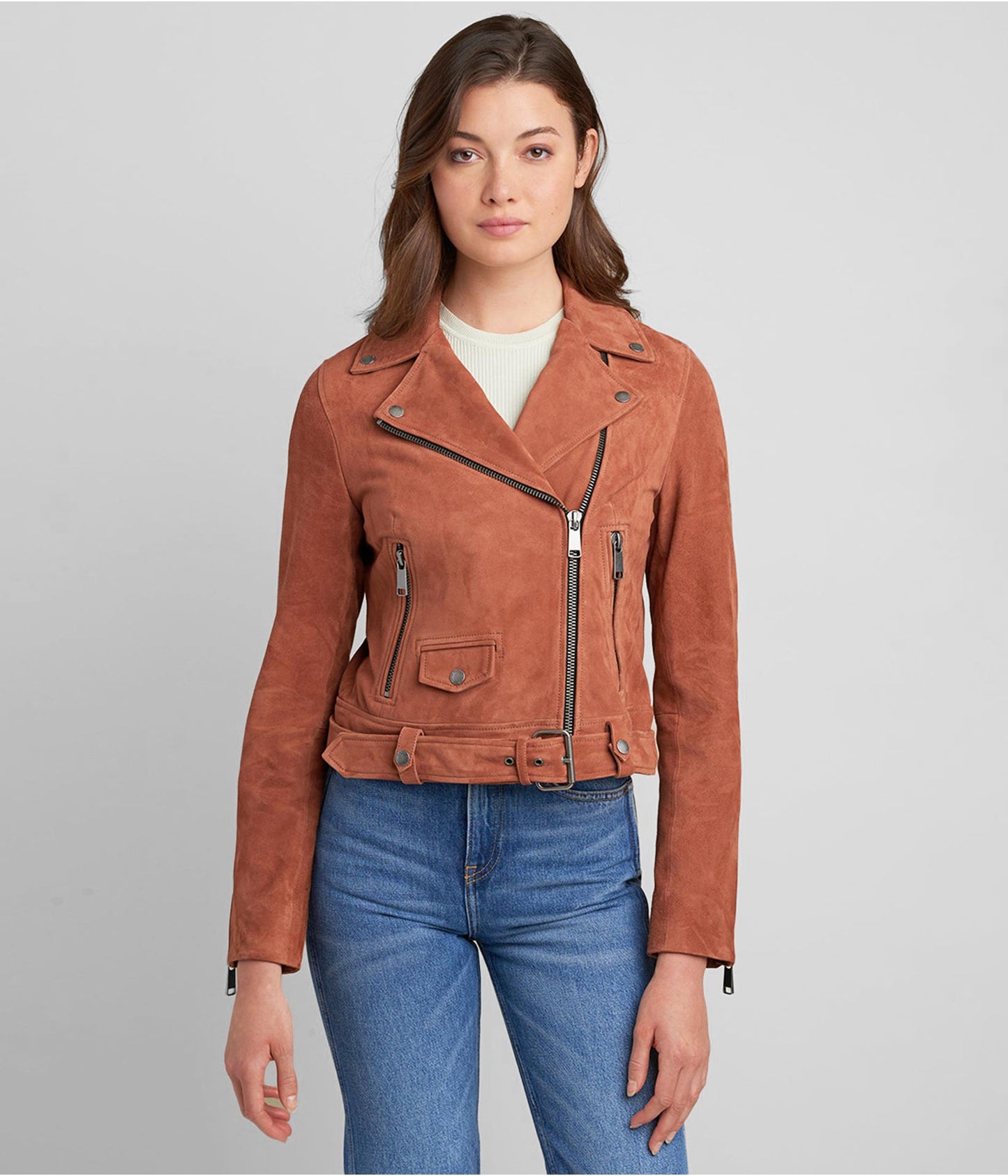 Women's Tan Brown Suede Leather Biker Jacket – Classic & Refined
