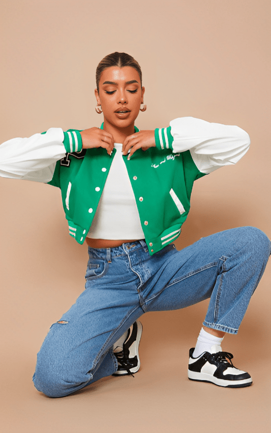 Women's Green Cropped Varsity Bomber Leather Jacket