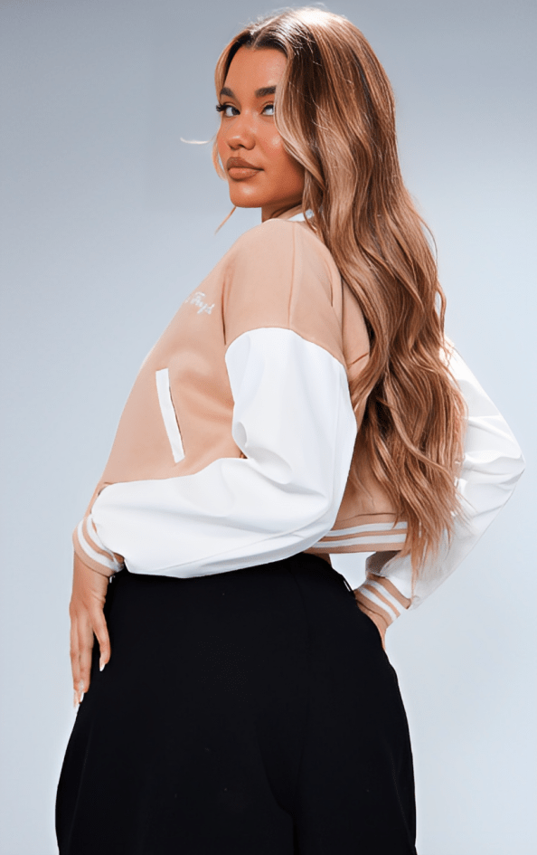 Women's Light Pink Cropped Varsity Bomber Leather Jacket - Chic and Contemporary