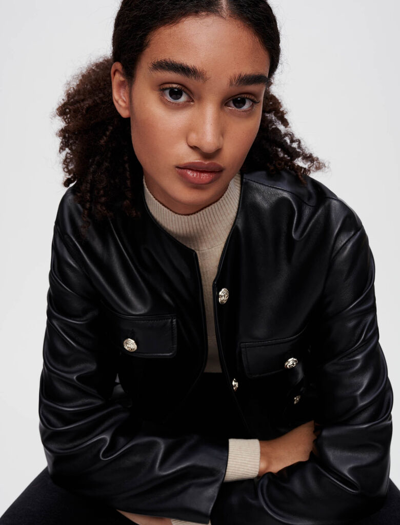 Women's Black Leather Jacket with Belted Waist