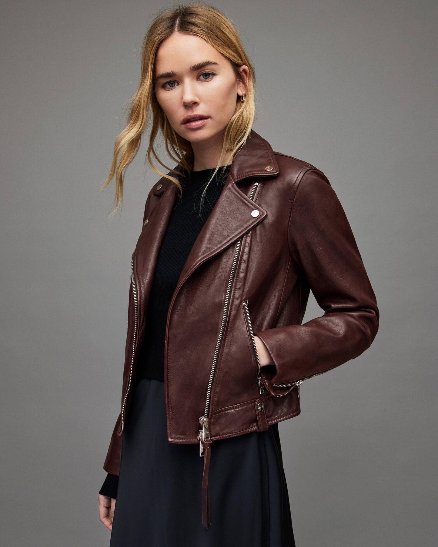 Women's Maroon Leather Biker Jacket – Classic & Stylish