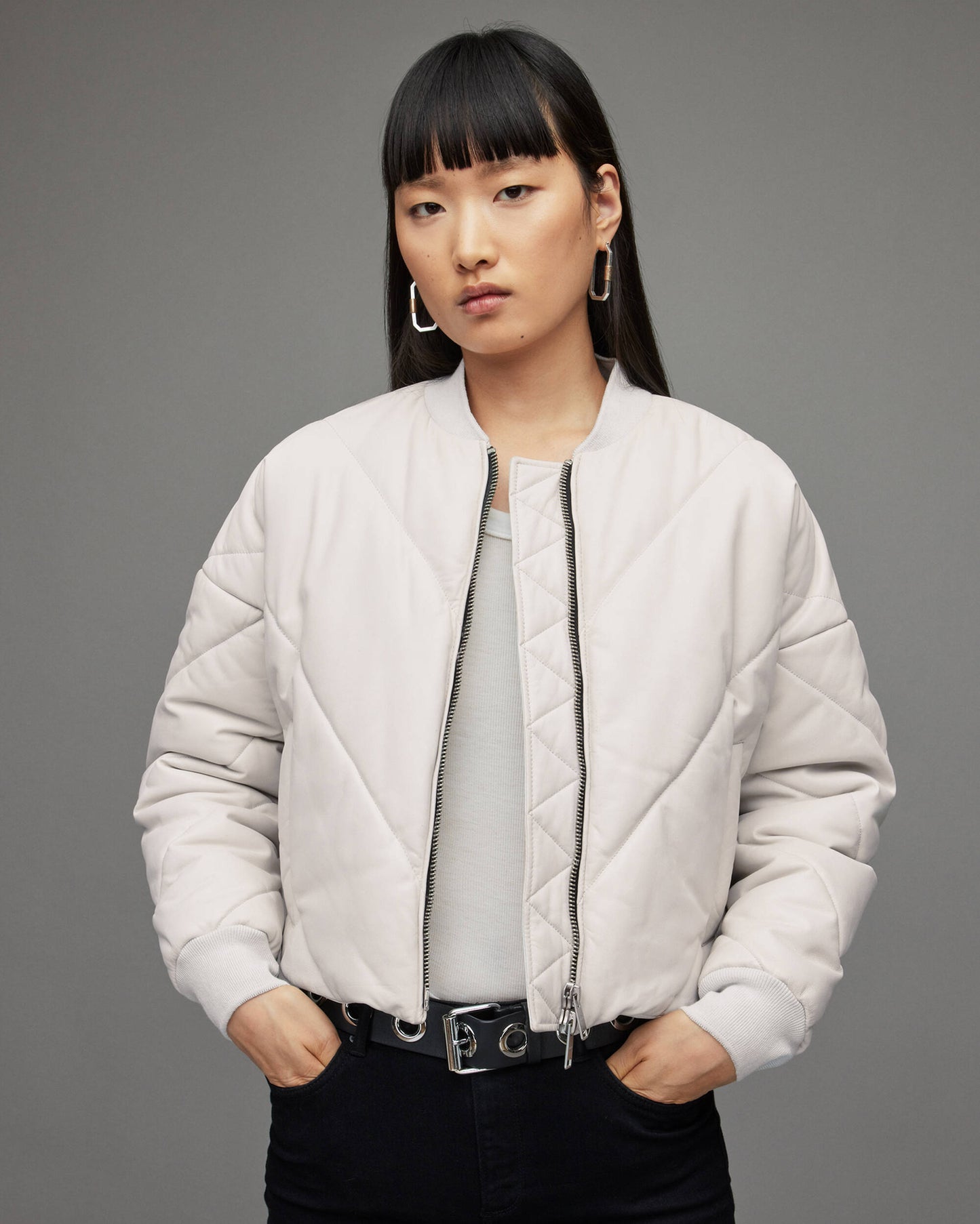 Women's White Puffer Leather Jacket - Elegant and Cozy