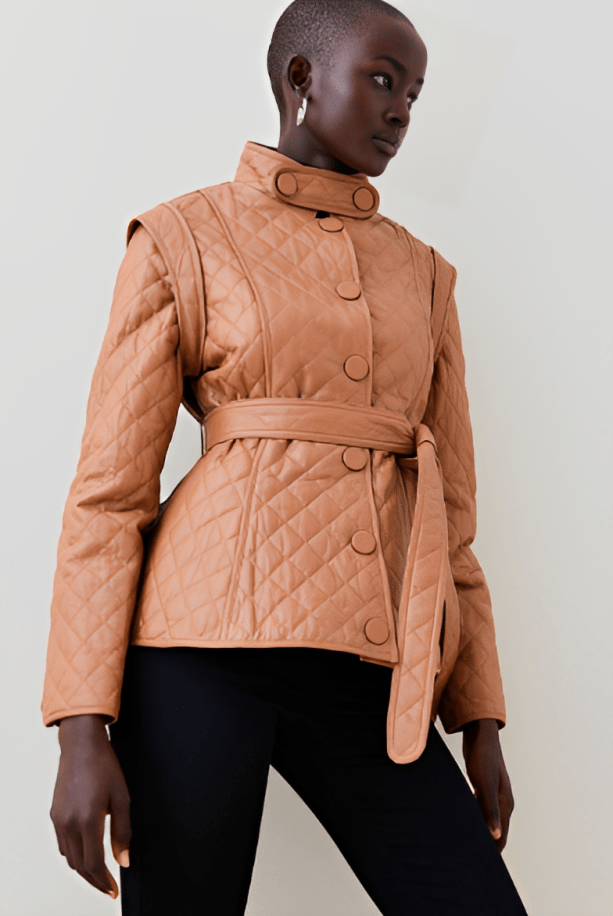 Women's Quilted Leather Jacket in Camel Brown