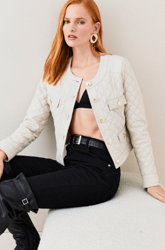 Women's Quilted Leather Trucker Jacket in White