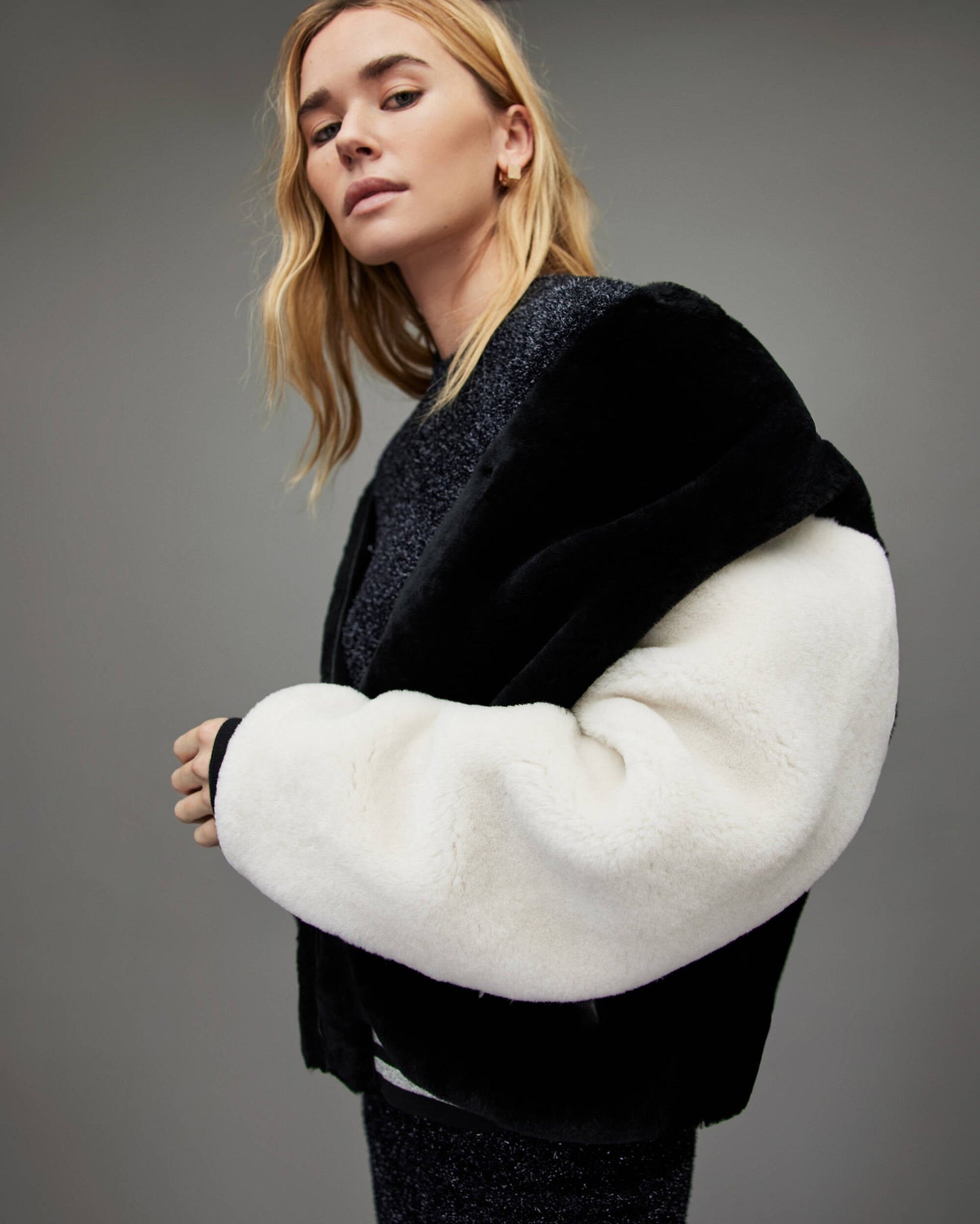 Women's White & Black Shearling Bomber Jacket - Stylish and Warm