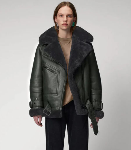 Women's Khaki Sheepskin Bomber Biker Leather Jacket