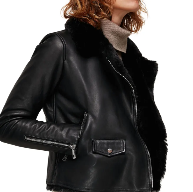 Women's Black Sheepskin Fur Leather Biker Jacket