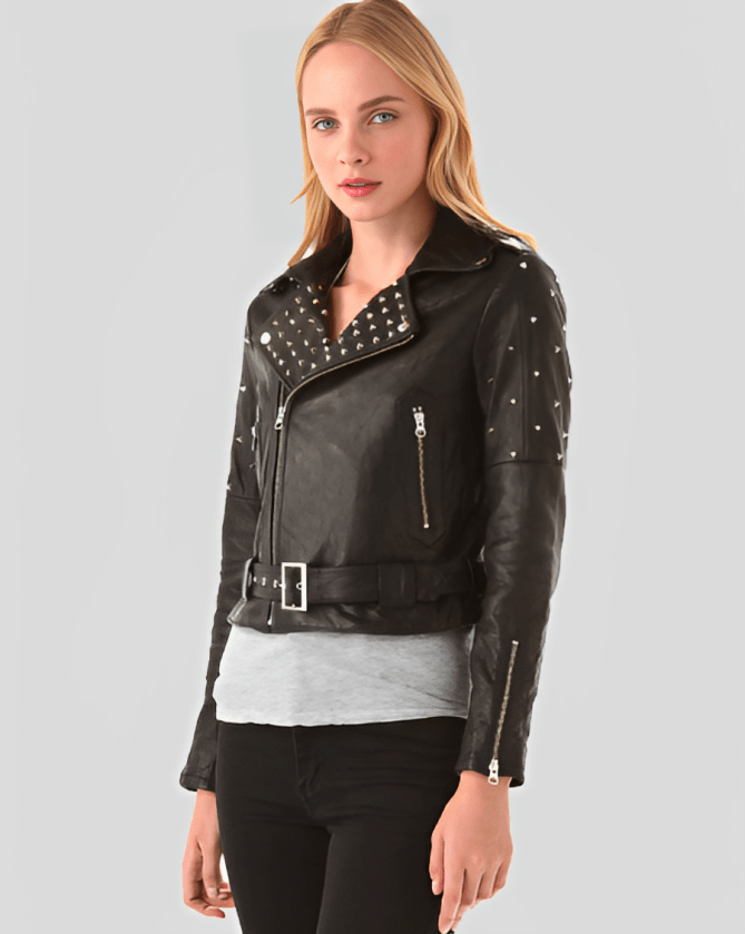 Women's Black Studded Biker Leather Jacket