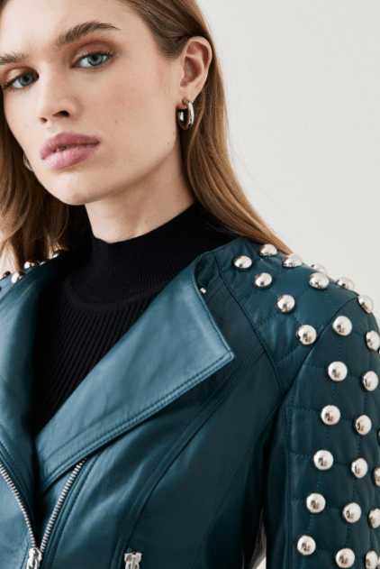 Women’s Quilted Studded Leather Jacket in Jade Green