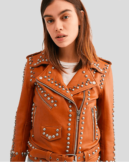 Women's Tan Brown Studded Leather Biker Jacket