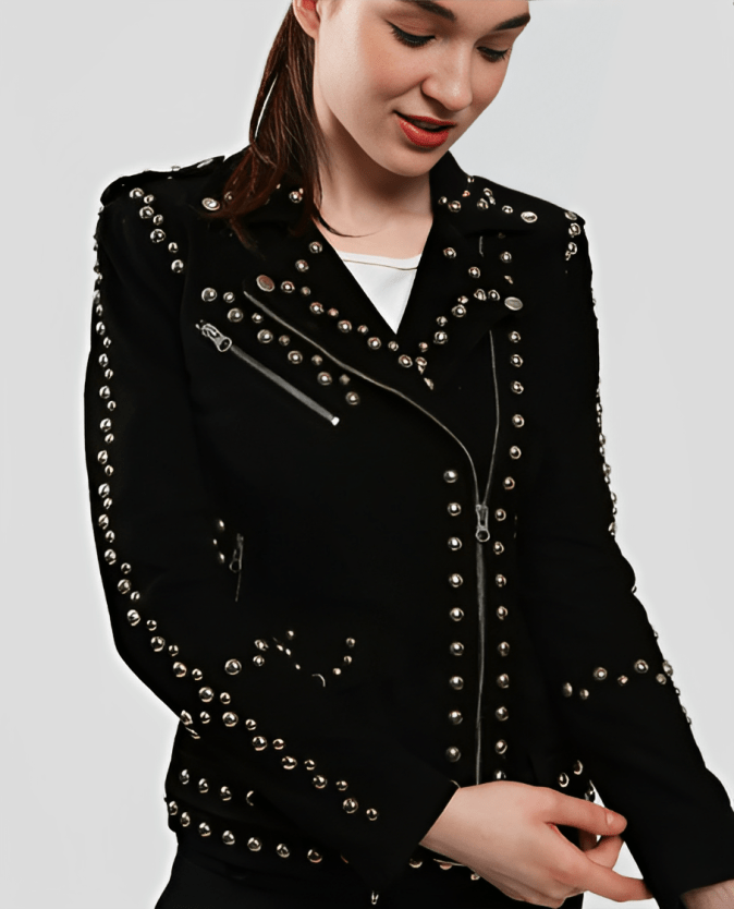 Women's Black Studded Suede Leather Biker Jacket