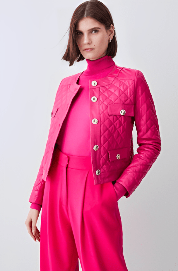 Women's Quilted Leather Trucker Jacket in Pink