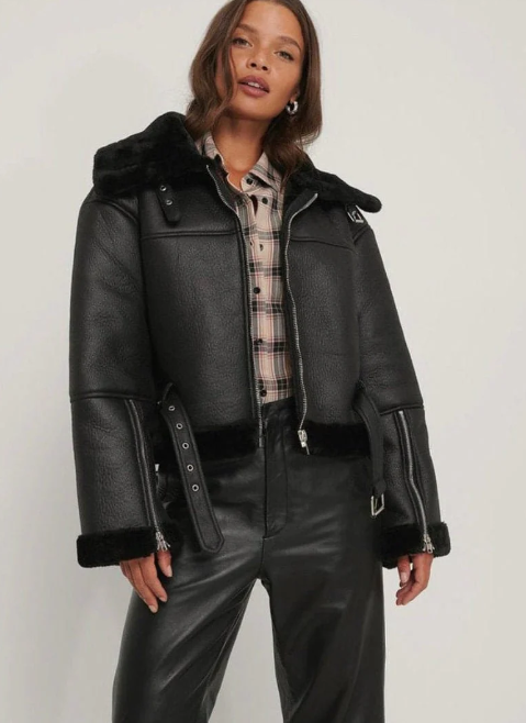 Women's Black Sheepskin Fur Bomber Leather Jacket