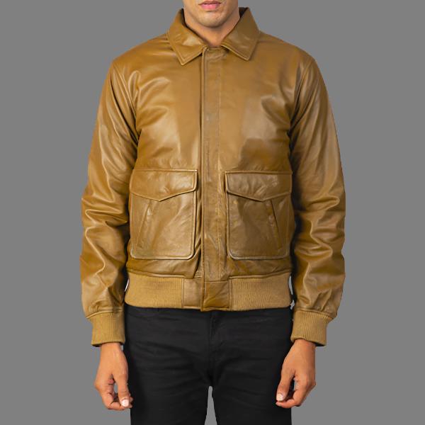 Coffmen Olive Brown Leather Bomber Jacket