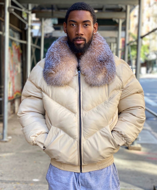 Premium Avanzar Cream Men’s V-Bomber Jacket with Crystal Fox Fur