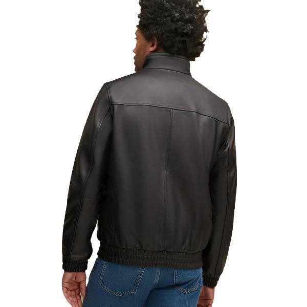Elasticated Self-Band Leather Bomber Jacket