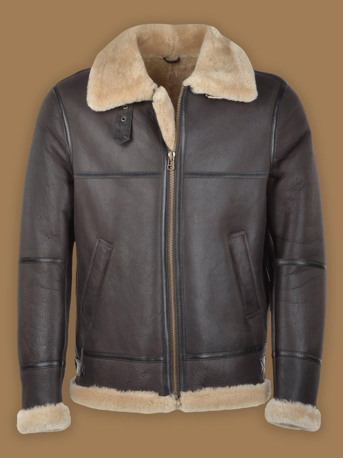 Men’s Dark Brown RAF Shearling Bomber Leather Jacket - Rugged & Warm