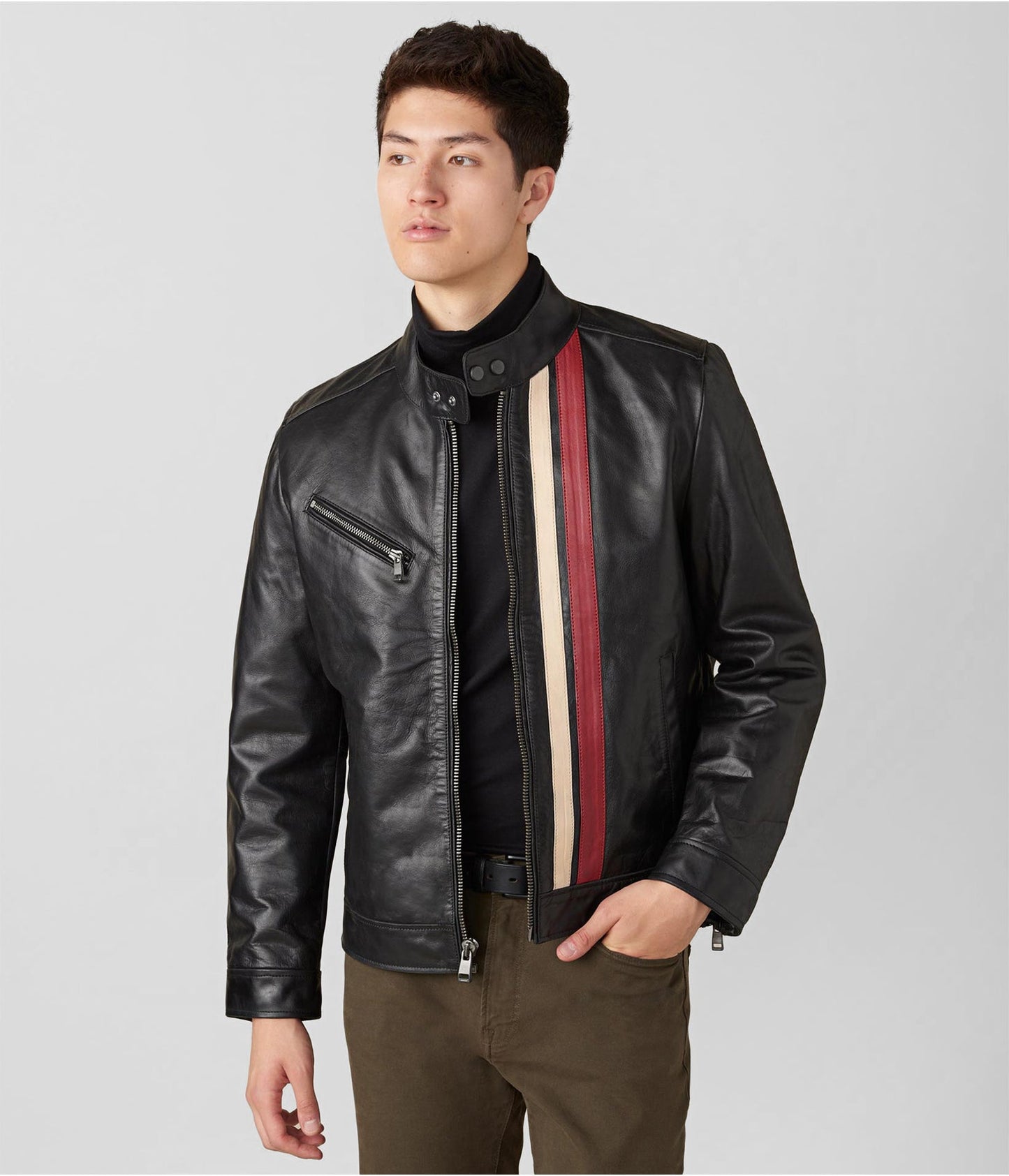 Men's Black Leather Moto Jacket with Stripes - Bold & Stylish
