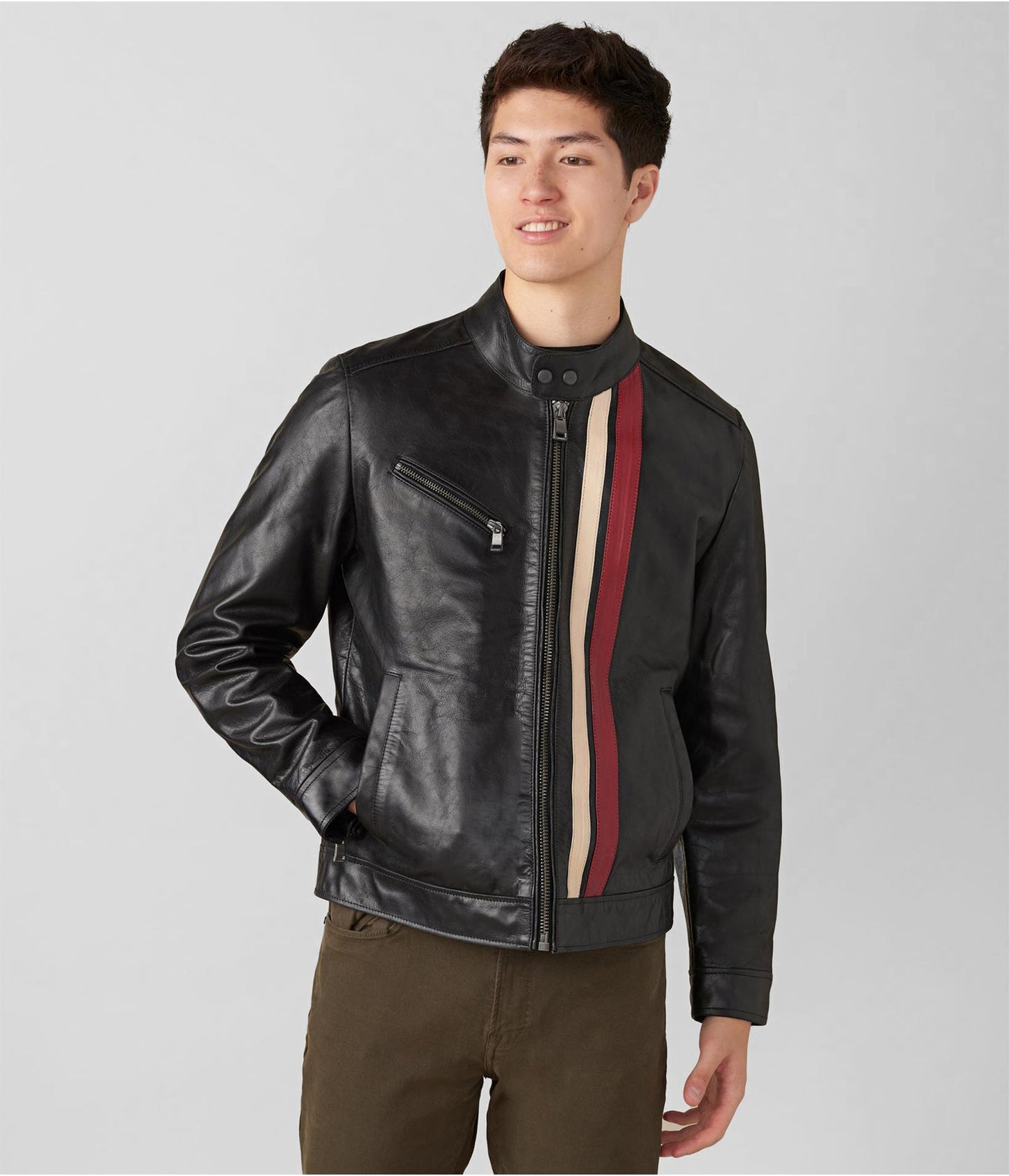 Men's Black Leather Moto Jacket with Stripes - Bold & Stylish