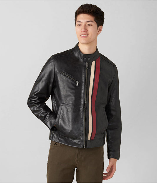 Men's Black Leather Moto Jacket with Stripes - Bold & Stylish