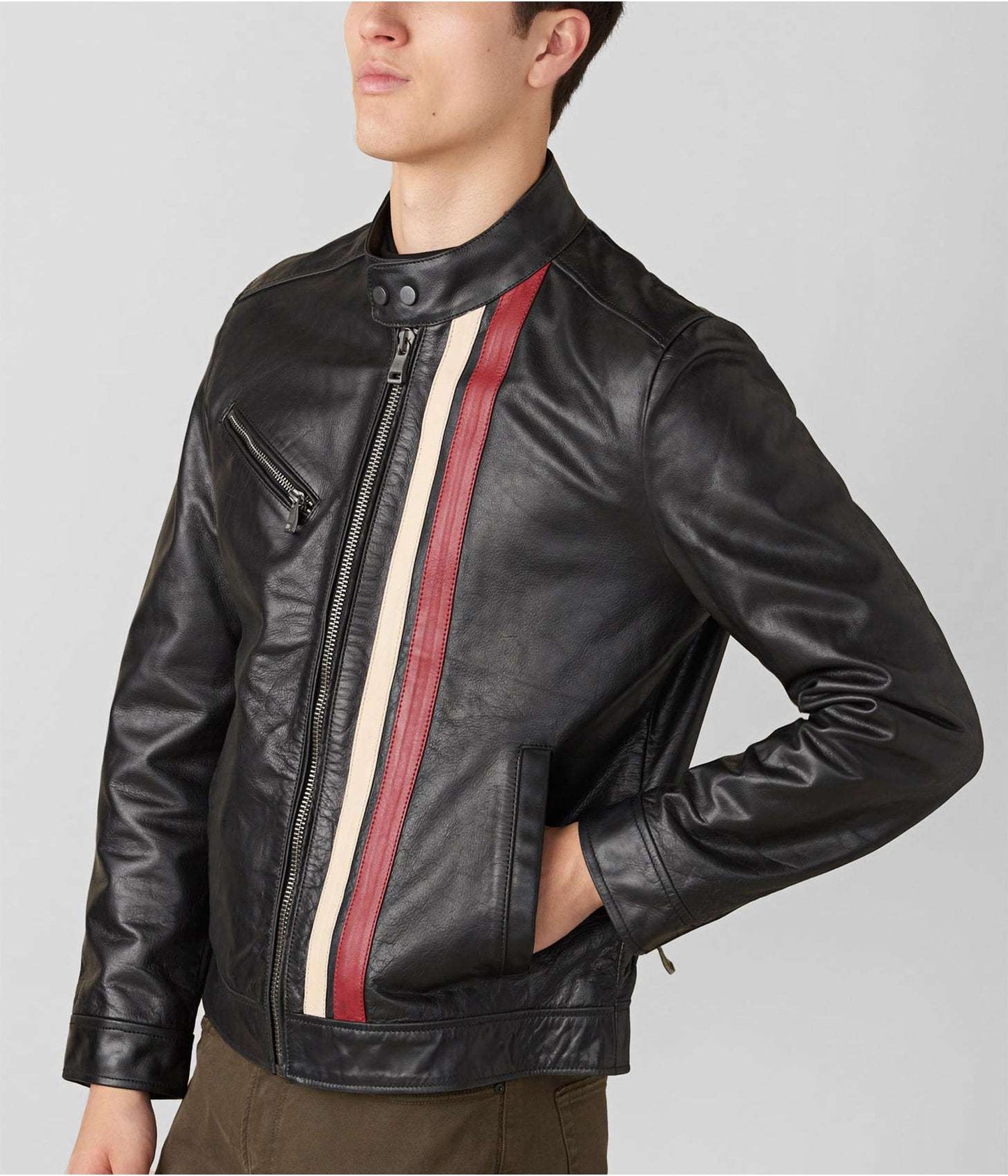 Men's Black Leather Moto Jacket with Stripes - Bold & Stylish