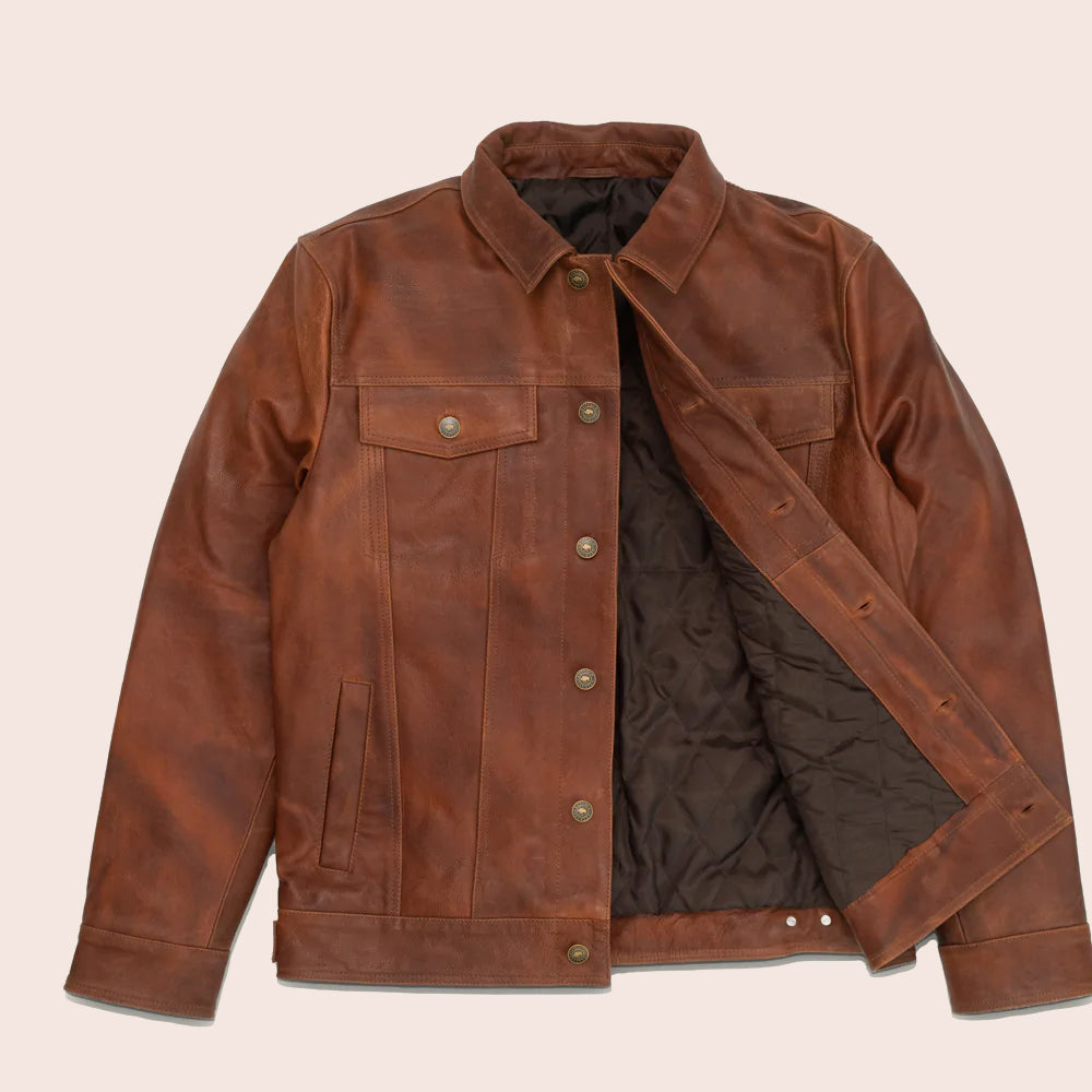 Men’s Goatskin Plain Brown Trucker Leather Jacket by Avanzar