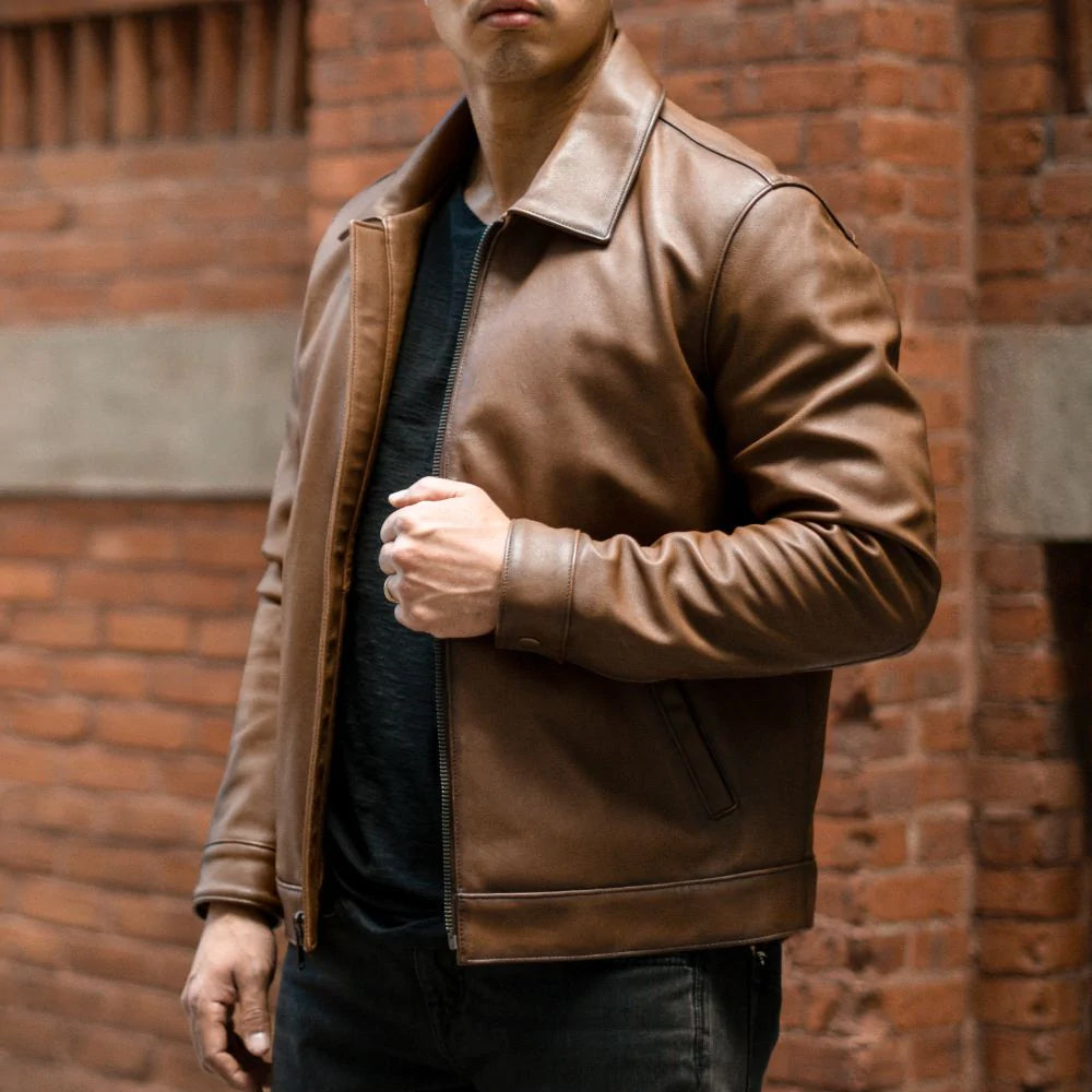 Men’s Point Collar Classic Brown Leather Jacket