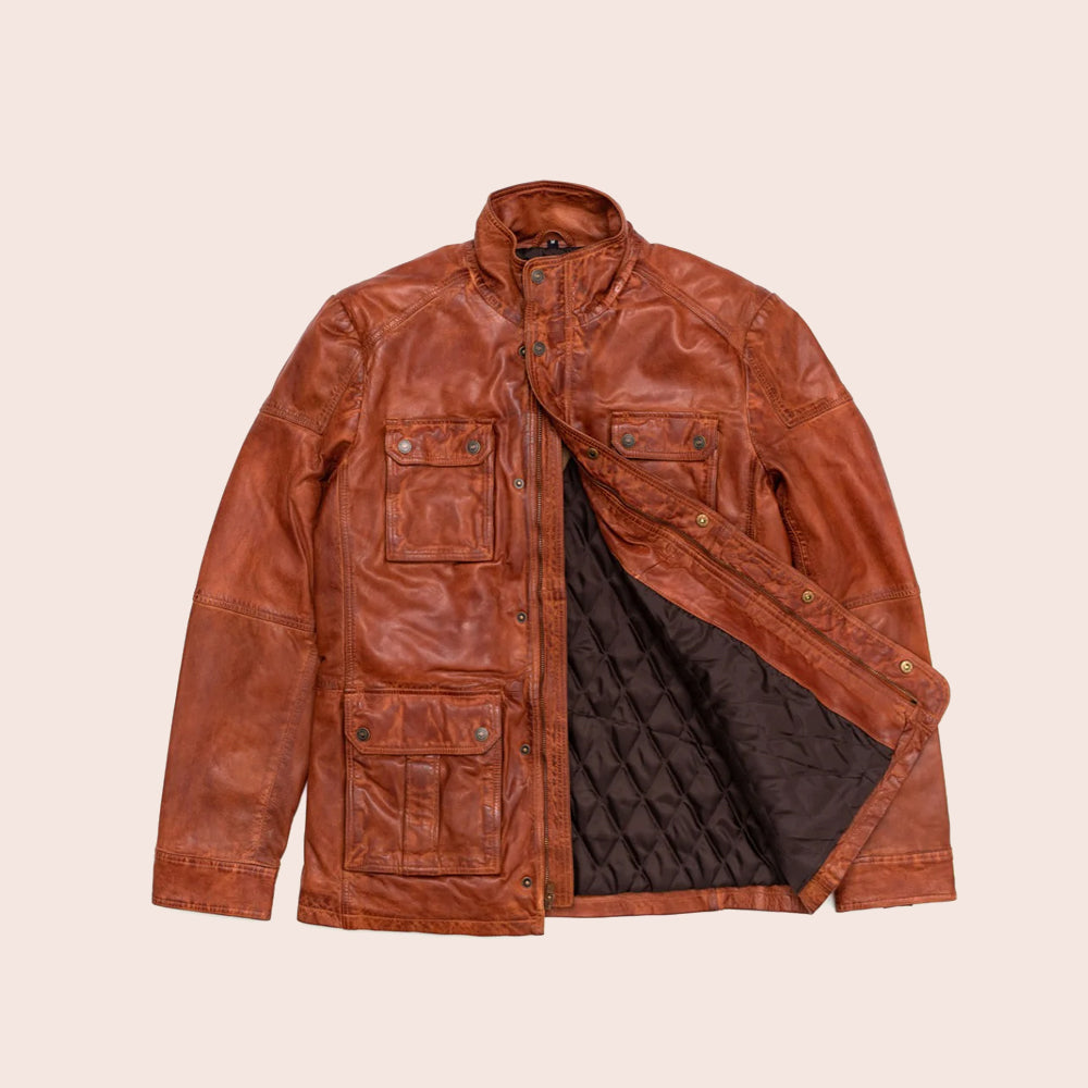 Men’s Pure Fine Grain Lambskin Brown Leather Field Jacket by Avanzar